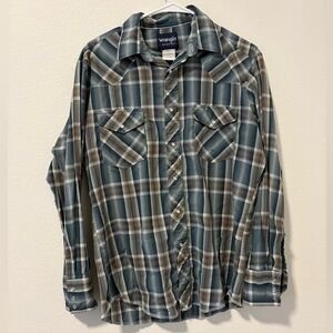 Wrangler Western Shirt Pearl Snap Plaid Long Sleeve Blue Green Medium